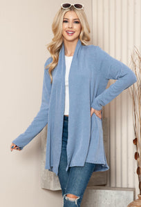 Ribbed Knit Open Front Cardigan Denim Blue