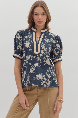 Midnight Blue Floral Puff Sleeve Top