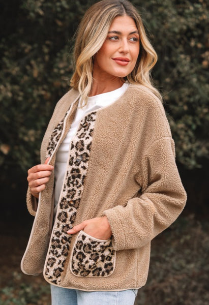 Plush Leopard Contrast Button Up Jacket
