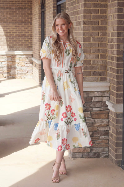 UMGEE Cream Multi Floral Embroidered Dress