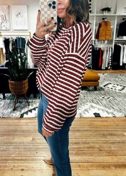 Textured Stripe Henley Top Dark Red