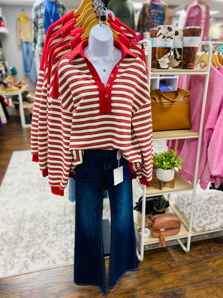 Red Striped Collared Relaxed Fit Top