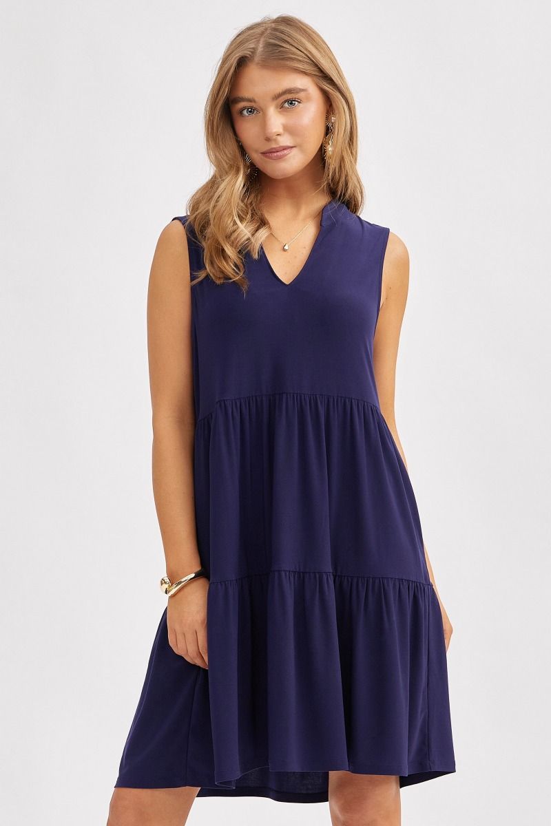 Solid Tank Ruffle Tiered Dress Navy