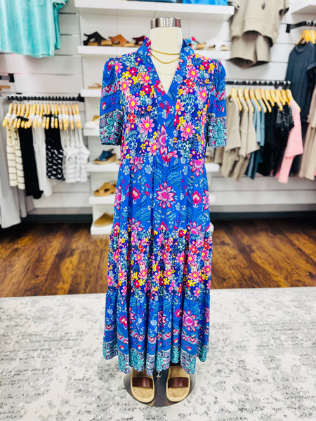 Mixed Print Tiered Dress Cobalt Blue Mix