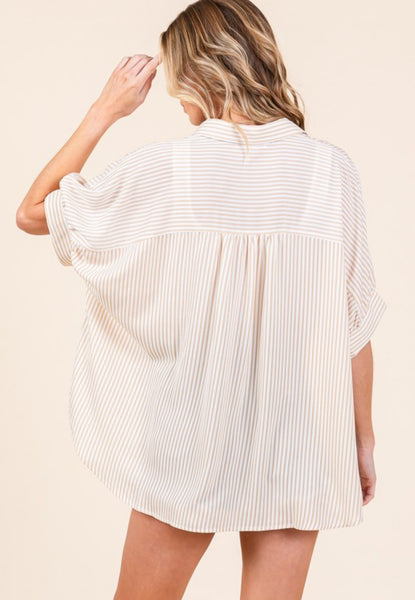 Stripe Oxford Button Down Shirt Taupe Tan