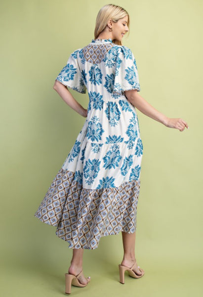 Teal Mix Print Midi Dress