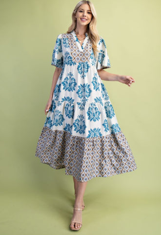 Teal Mix Print Midi Dress