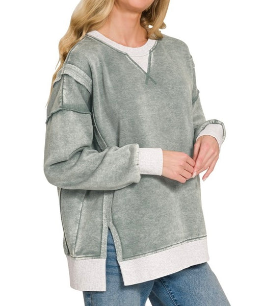 Fleece Washed Contrast Trim Pullover Jade
