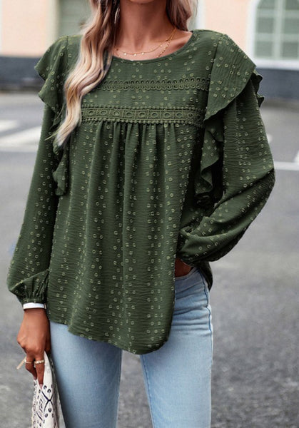 Dark Green Swiss Dot Ruffle Shoulder Top