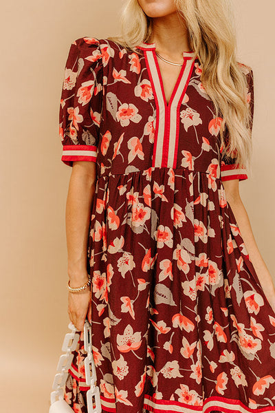 Floral Multicolor Tiered Midi Dress Brown Mix