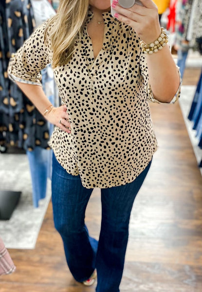 Taupe Dotted Quarter Sleeve Collar Top