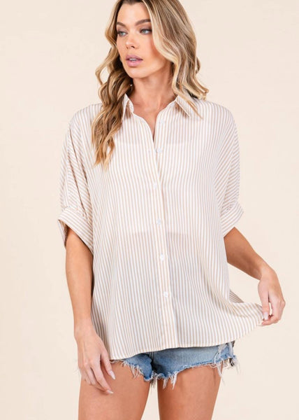 Stripe Oxford Button Down Shirt Taupe Tan