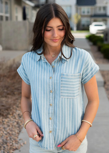 Stripe Chambray Denim Button Down Shirt