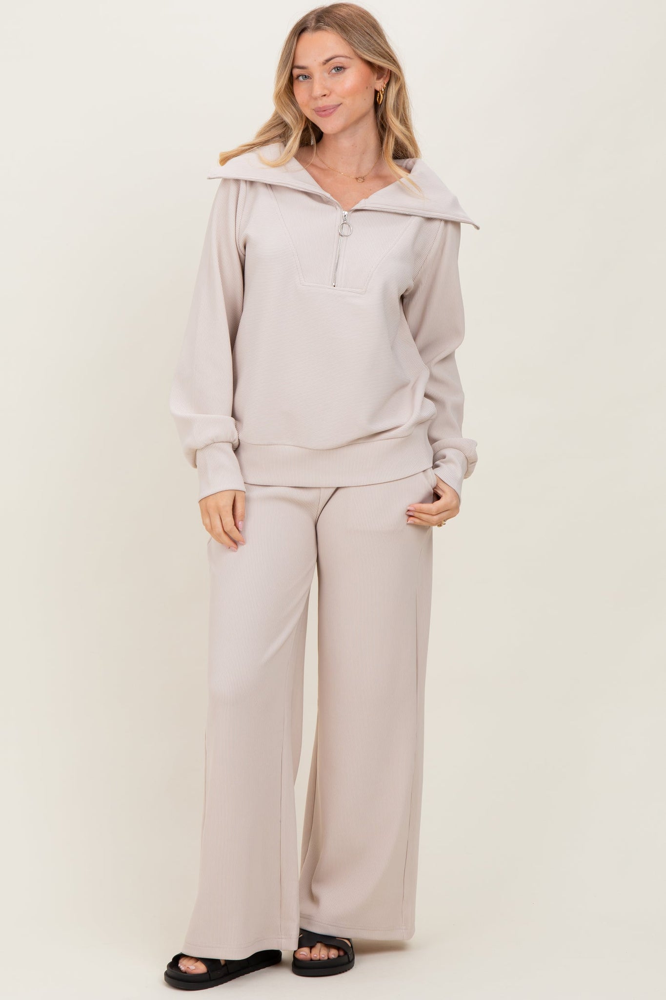 Stay Cozy Ribbed Pullover & Pant SET Beige