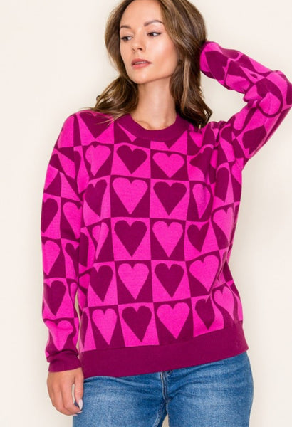 Magenta Fuchsia Checkered Heart Sweater