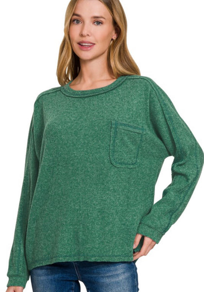 Cozy Ribbed Pocket Sweater Green