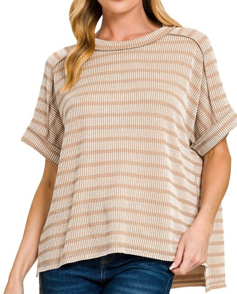 Stripe Two Tone Textured Top Mocha