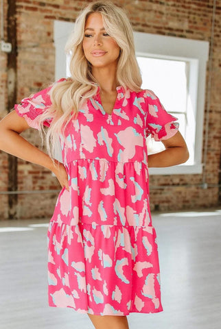 Pink Mix Abstract Print Puff Sleeve Dress