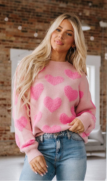 Light Pink Fuzzy Knit Heart Sweater