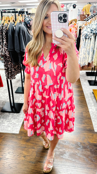 Pink Mix Abstract Print Puff Sleeve Dress