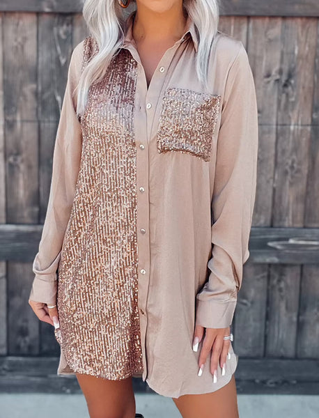 Sequin Button Down Shirt Dress Champagne