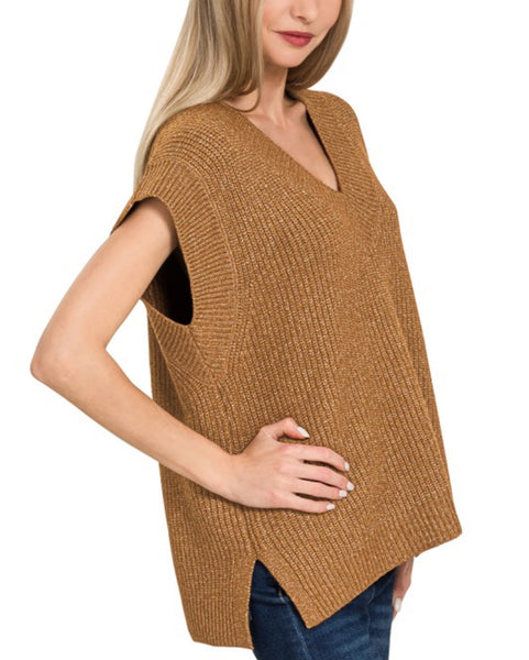 V Neck Boxy Sweater Vest Camel