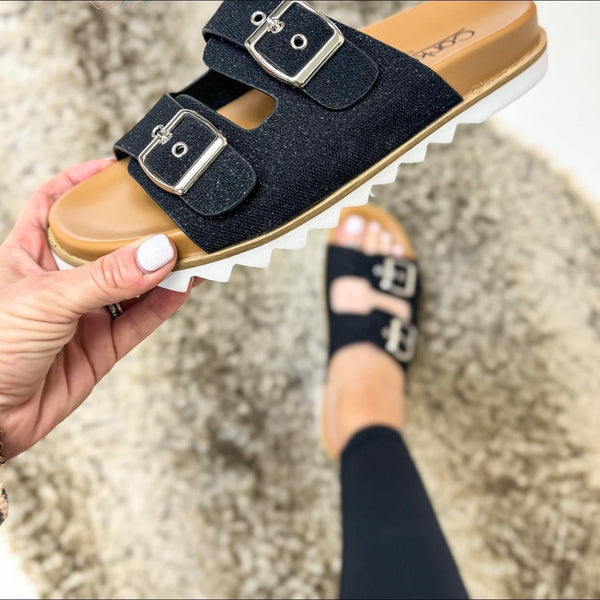 CORKYS Black Shimmer Dash Sandals