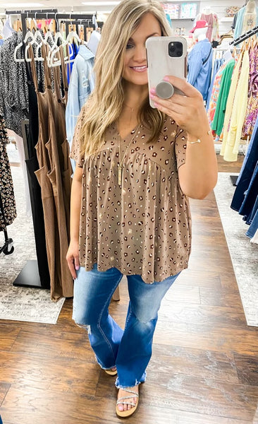 Taupe Floral Print Woven V Neck Top