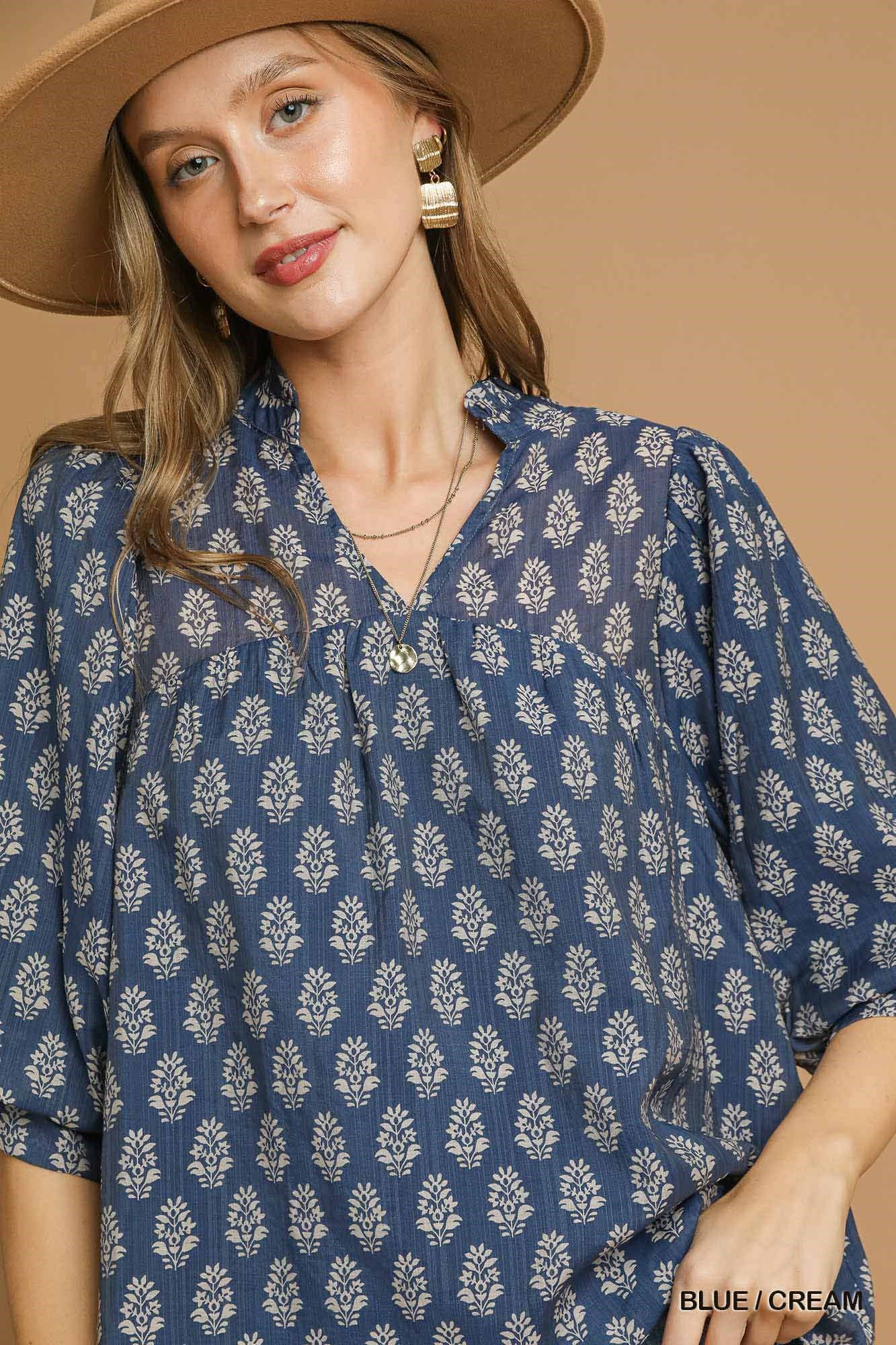 UMGEE Blue & Cream Floral Top