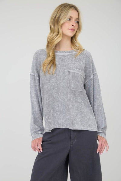 Long Sleeve Rib Knit Pocket Top Grey