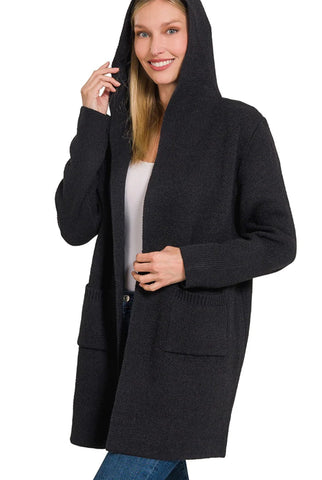 Black Hooded Open Front Sweater Cardigan