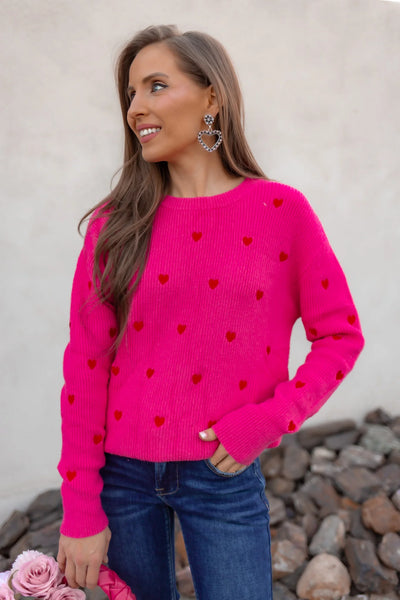 Hot Pink Embroidered Heart Print Sweater