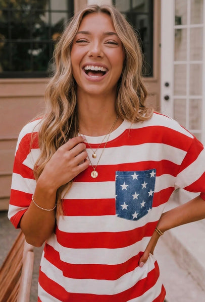 Red Stripe Star Pocket Top