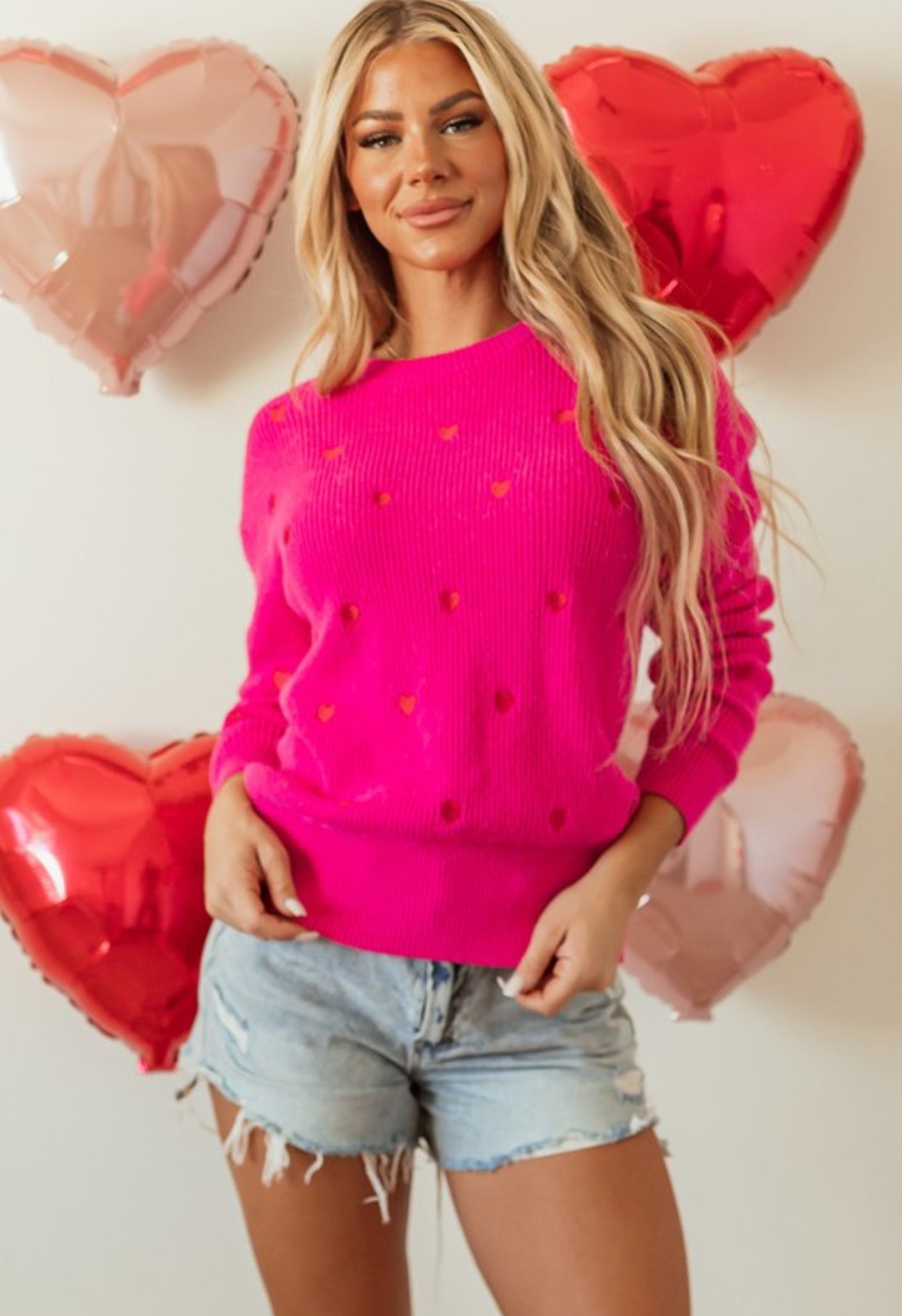 Hot Pink Embroidered Heart Print Sweater