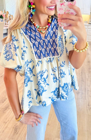 UMGEE Blue Print Boho Puff Sleeve Top