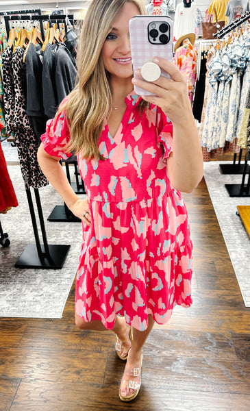 Pink Mix Abstract Print Puff Sleeve Dress