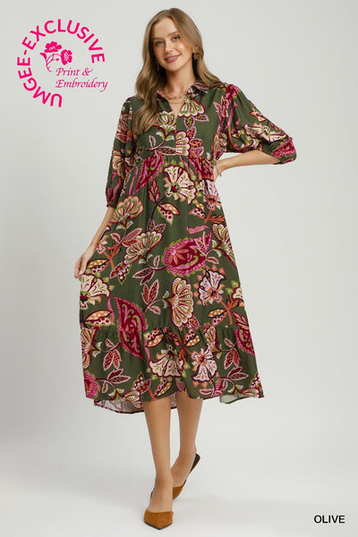 UMGEE Boho Floral Dress Olive Mix