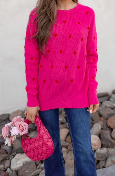 Hot Pink Embroidered Heart Print Sweater