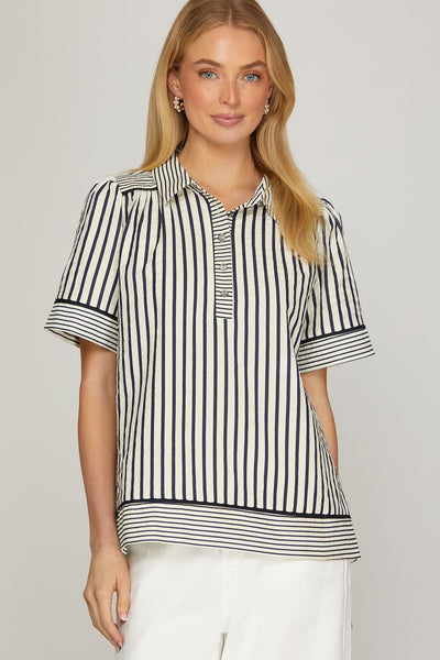 Sutton Collared Stripe Top Dark Blue Mix