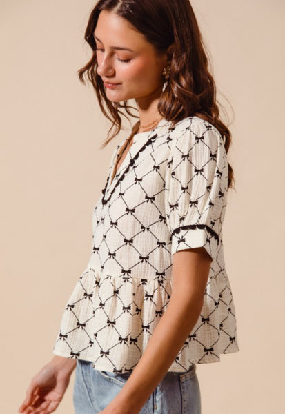 Bow Ribbon Print Peplum Top