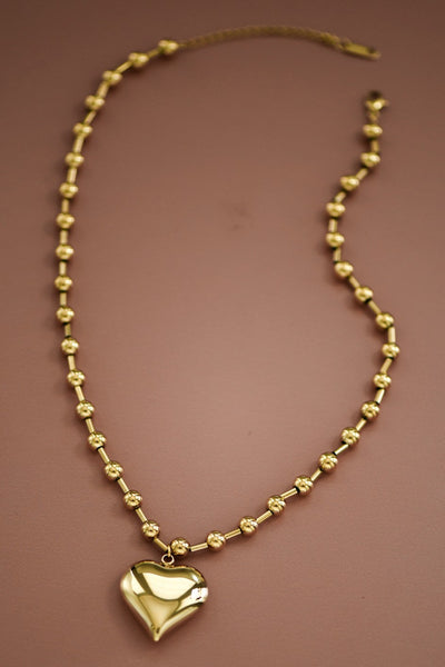 18K Gold Plated S.S. Ball Link Heart Pendant Necklace
