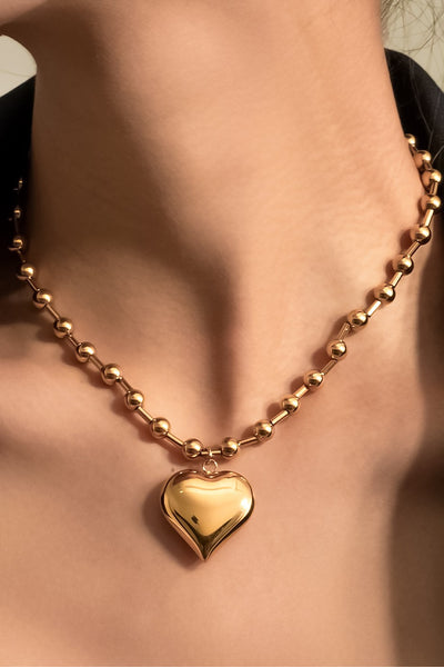 18K Gold Plated S.S. Ball Link Heart Pendant Necklace