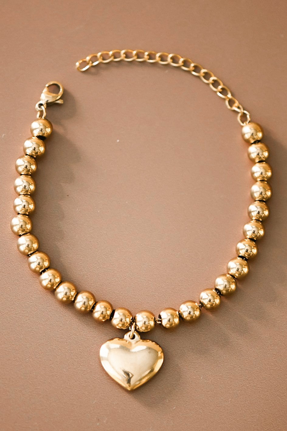 18K Gold Plated S.S. Heart Charm Beaded Chain Bracelet