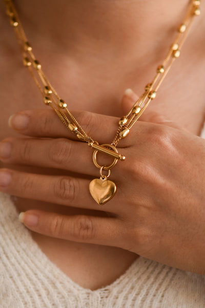18K Gold Plated S.S. Layered Heart Pendant Necklace