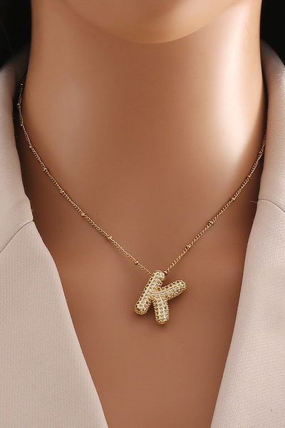 18K Gold Plated S.S. Pave Bubble Letter Necklace
