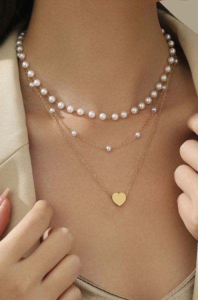 18K Gold Plated S.S. Pearl Heart Layered Necklace