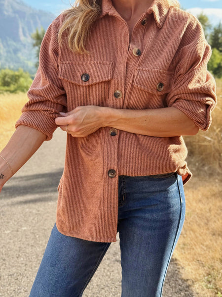 Cozy Brushed Waffle Shacket Rust