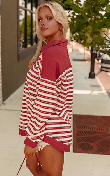 Red Striped Collared Relaxed Fit Top