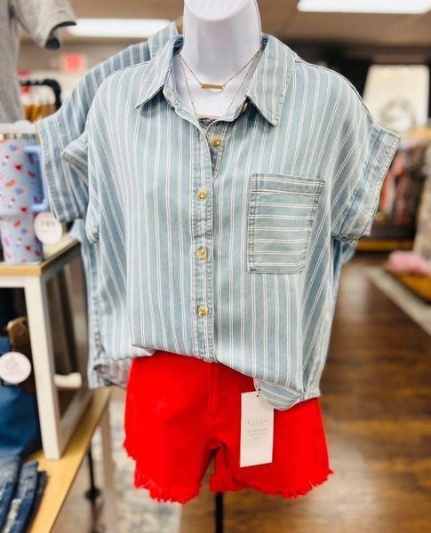 Stripe Chambray Denim Button Down Shirt