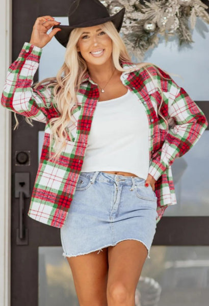 Festive Plaid Button Down Flannel Shirt